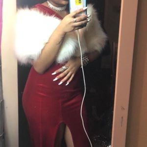 Red Velvet Dress with Soft Fur scarf